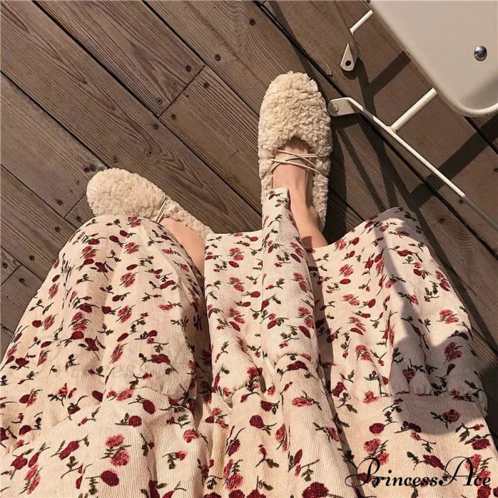 Corduroy High Waist Charming Floral Print Maxi Skirt - Image 11