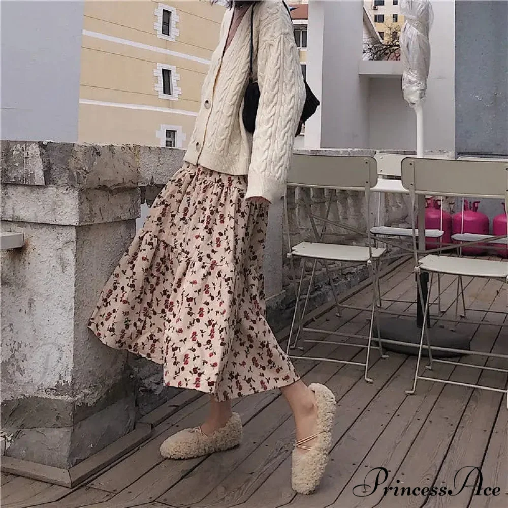 Corduroy High Waist Charming Floral Print Maxi Skirt - Image 13