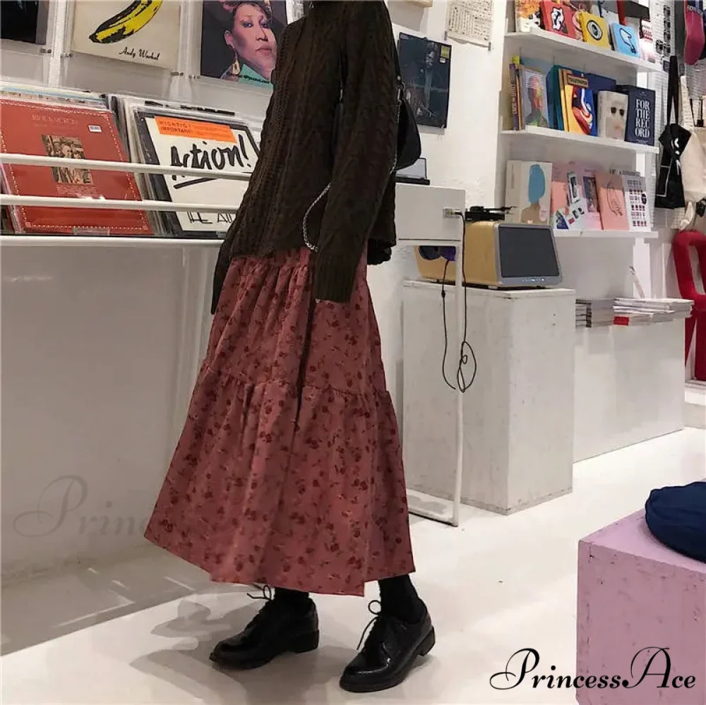 Corduroy High Waist Charming Floral Print Maxi Skirt - Image 14