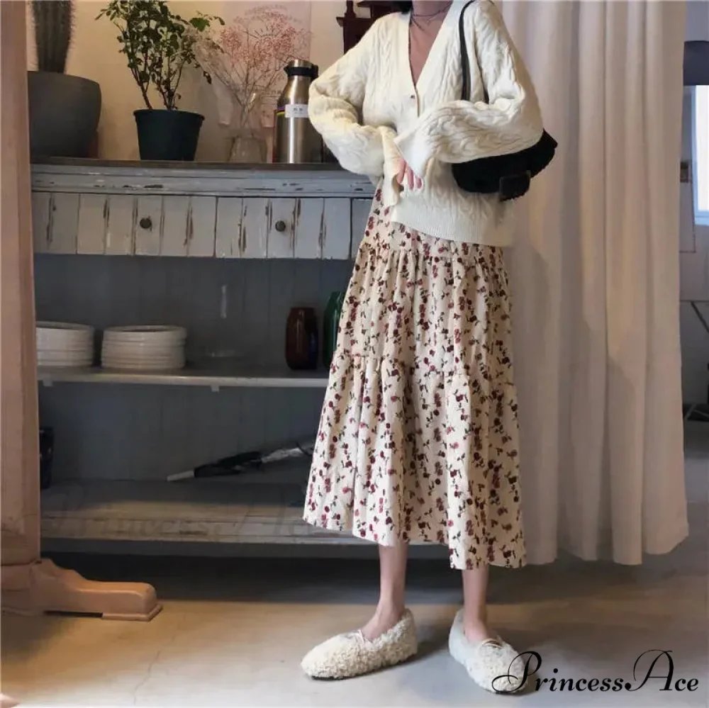 Corduroy High Waist Charming Floral Print Maxi Skirt - Image 15