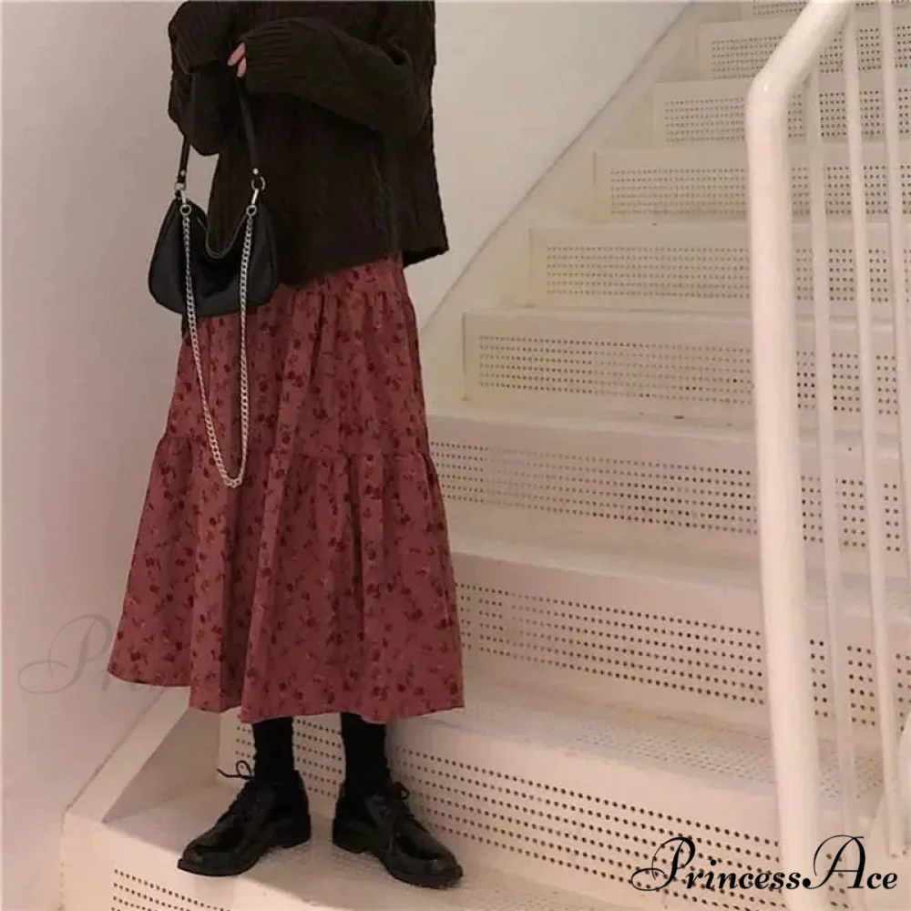 Corduroy High Waist Charming Floral Print Maxi Skirt - Image 16