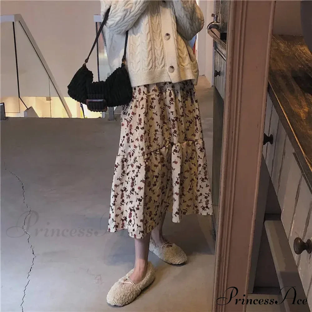 Corduroy High Waist Charming Floral Print Maxi Skirt - Image 18