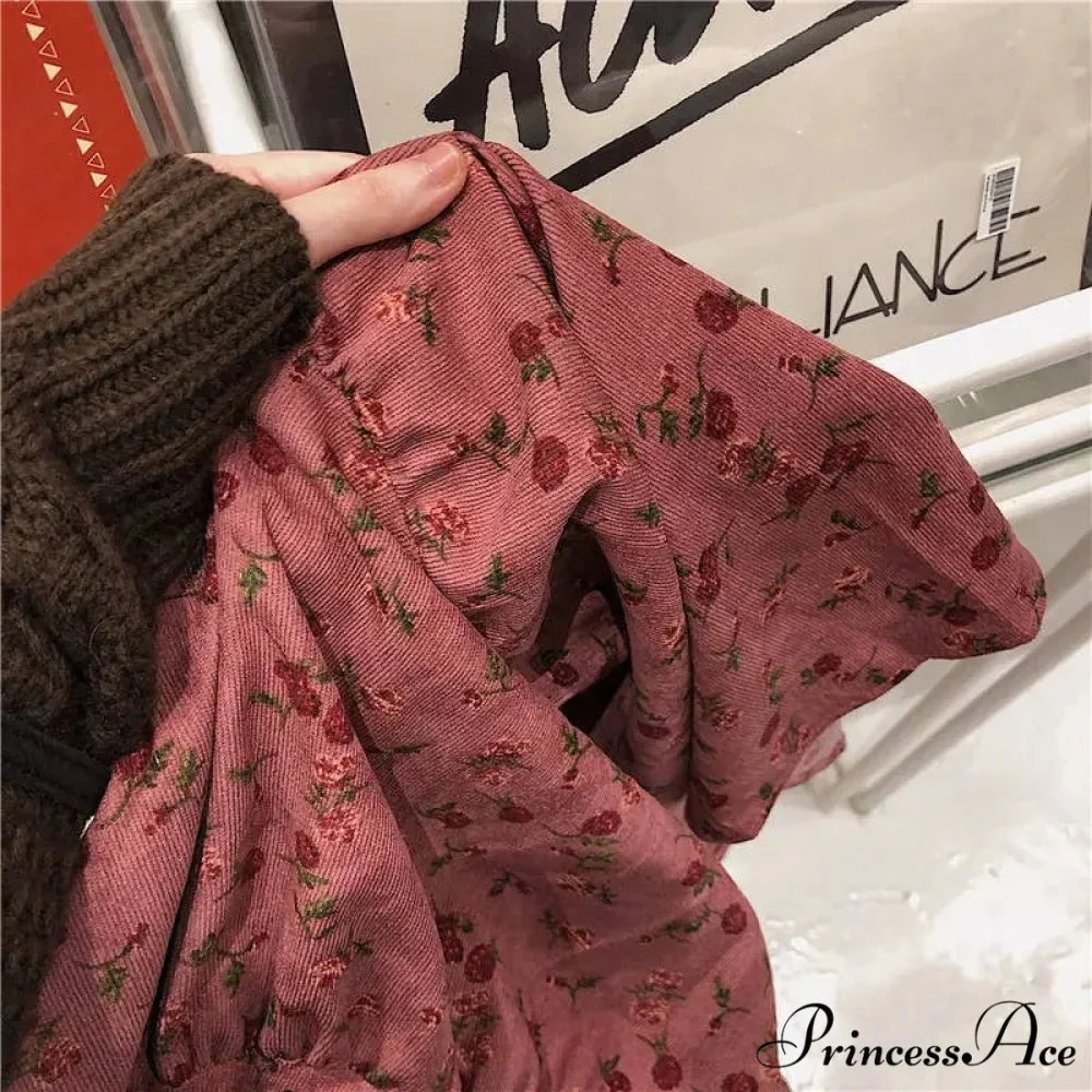 Corduroy High Waist Charming Floral Print Maxi Skirt - Image 2