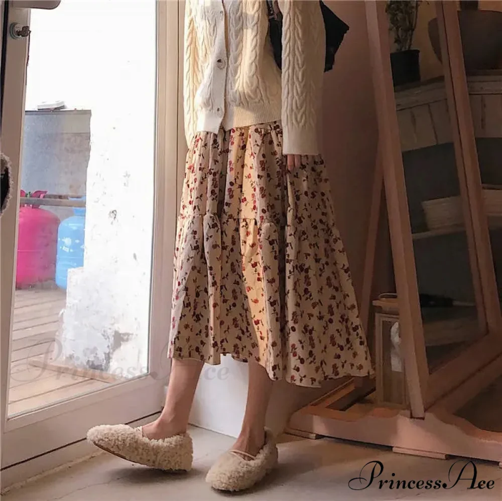 Corduroy High Waist Charming Floral Print Maxi Skirt - Image 3