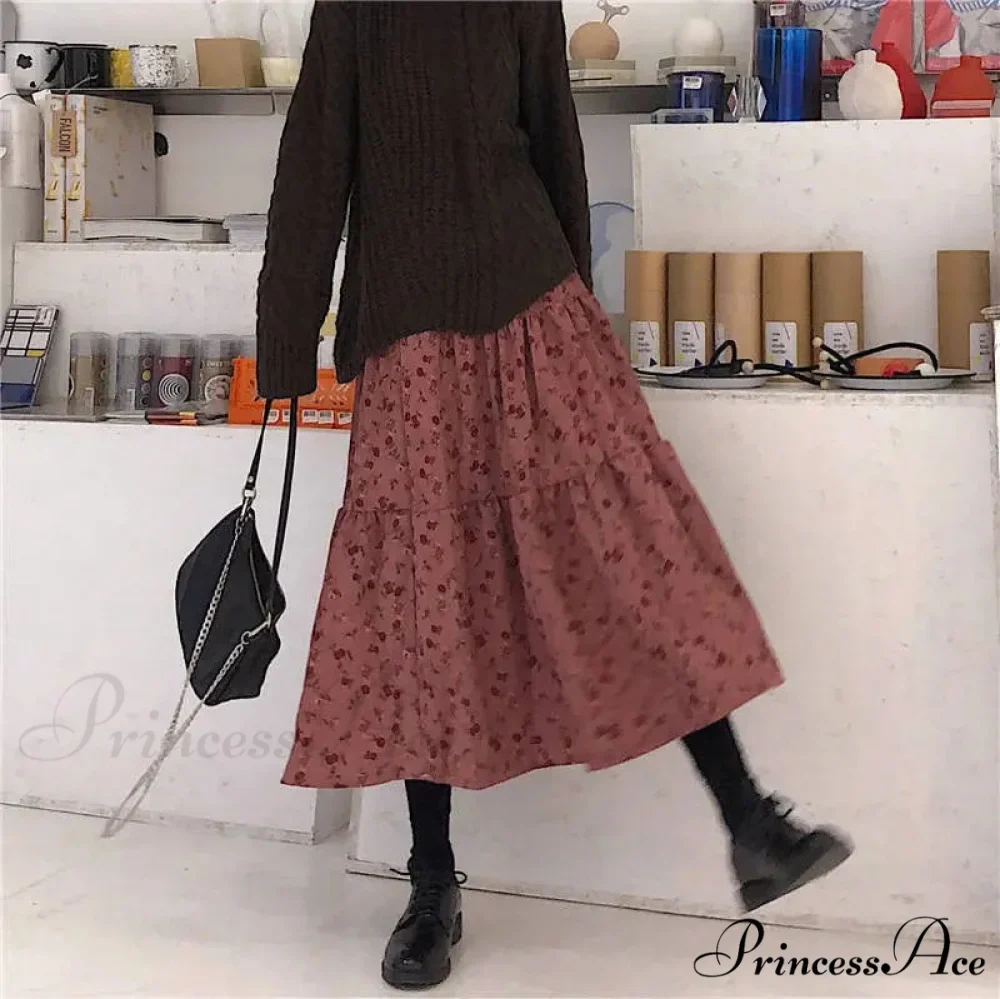 Corduroy High Waist Charming Floral Print Maxi Skirt - Image 4