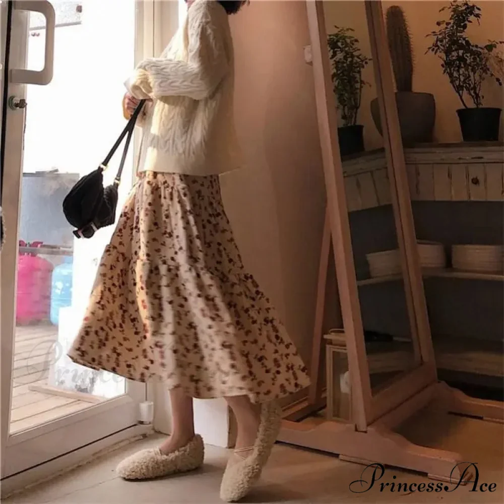 Corduroy High Waist Charming Floral Print Maxi Skirt - Image 5