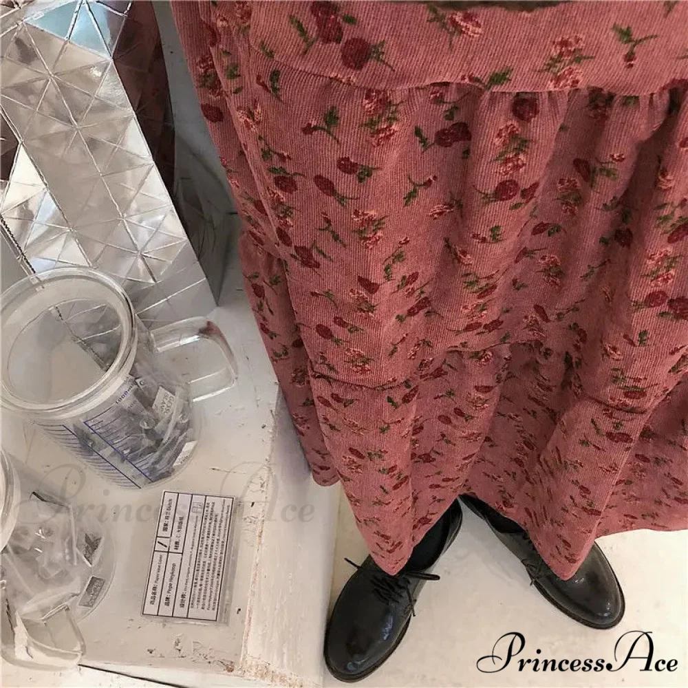 Corduroy High Waist Charming Floral Print Maxi Skirt - Image 9