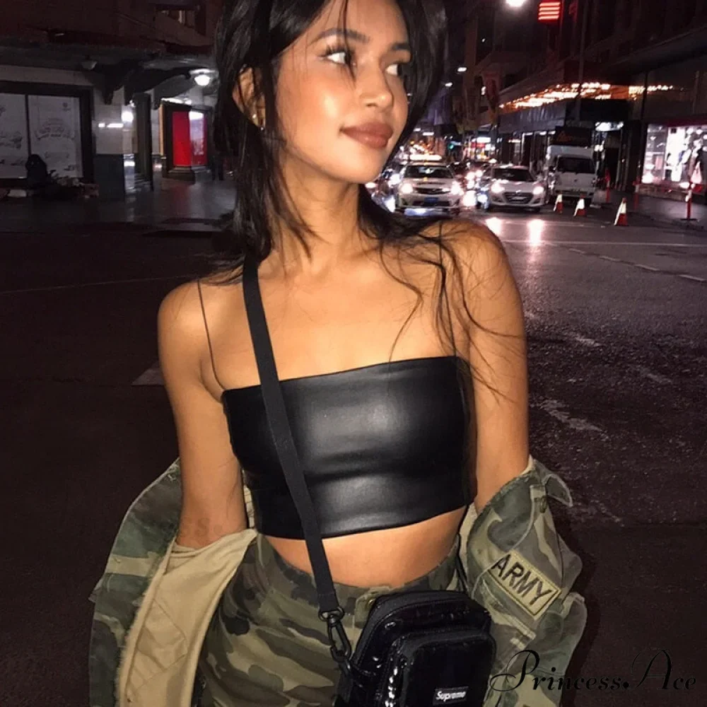 Black Pu Leather Charming Cami Crop Top - Image 2