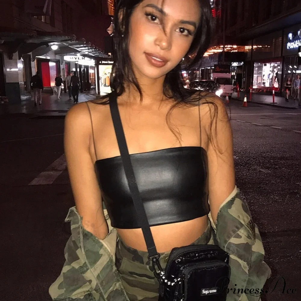 Black Pu Leather Charming Cami Crop Top - Image 4