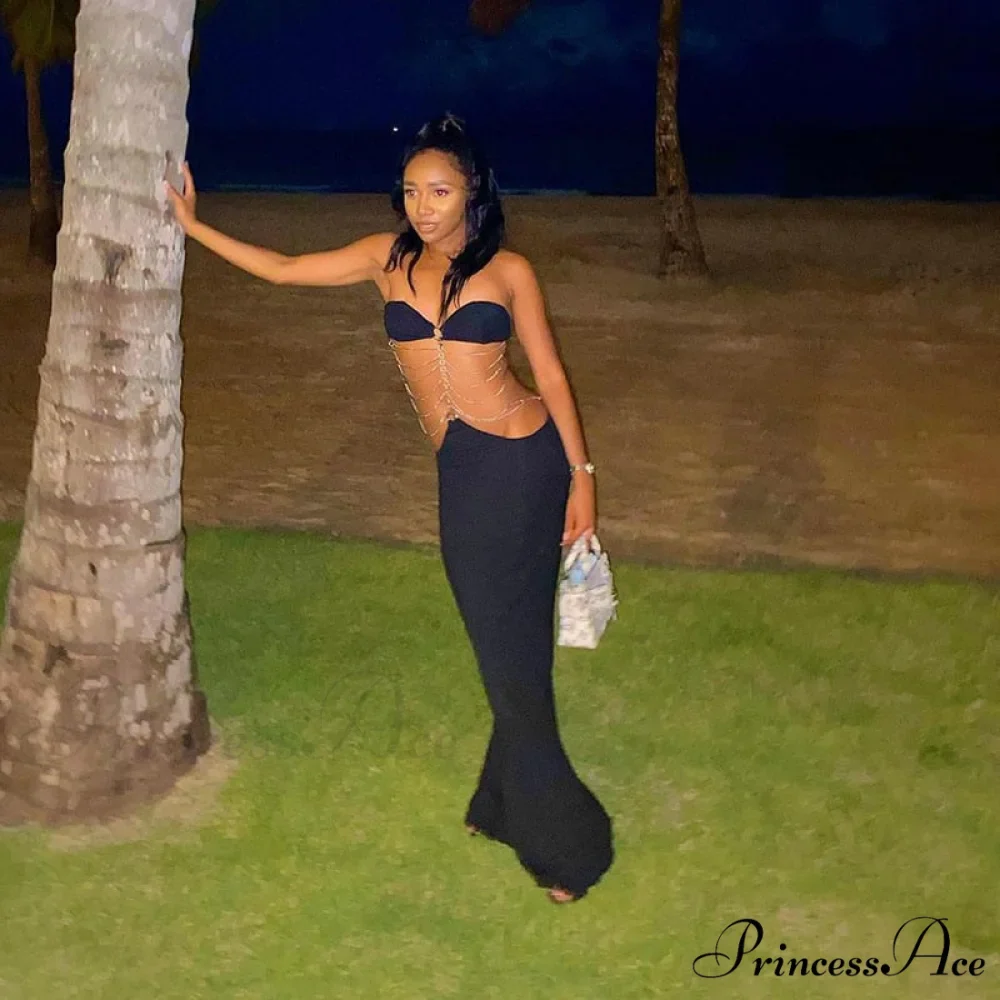 Black Chain Link Charming Bandeau Midi Dress - Image 15