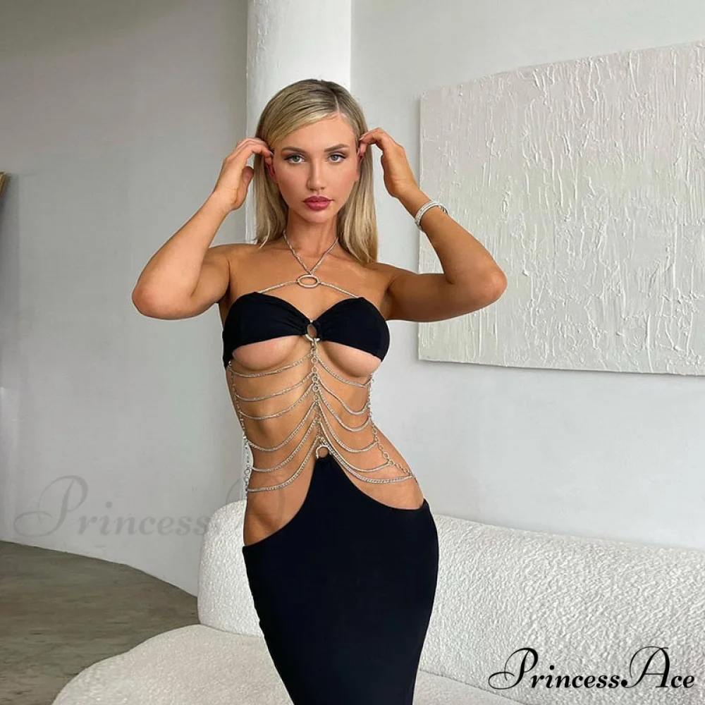 Black Chain Link Charming Bandeau Midi Dress - Image 2