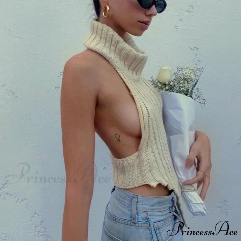 Knitted Turtleneck Stylish Backless Crop Top - Image 5