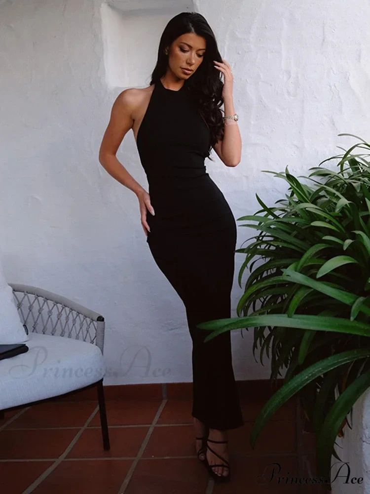 Black Halter Backless Maxi Graceful Dress With Back Straps - Image 3