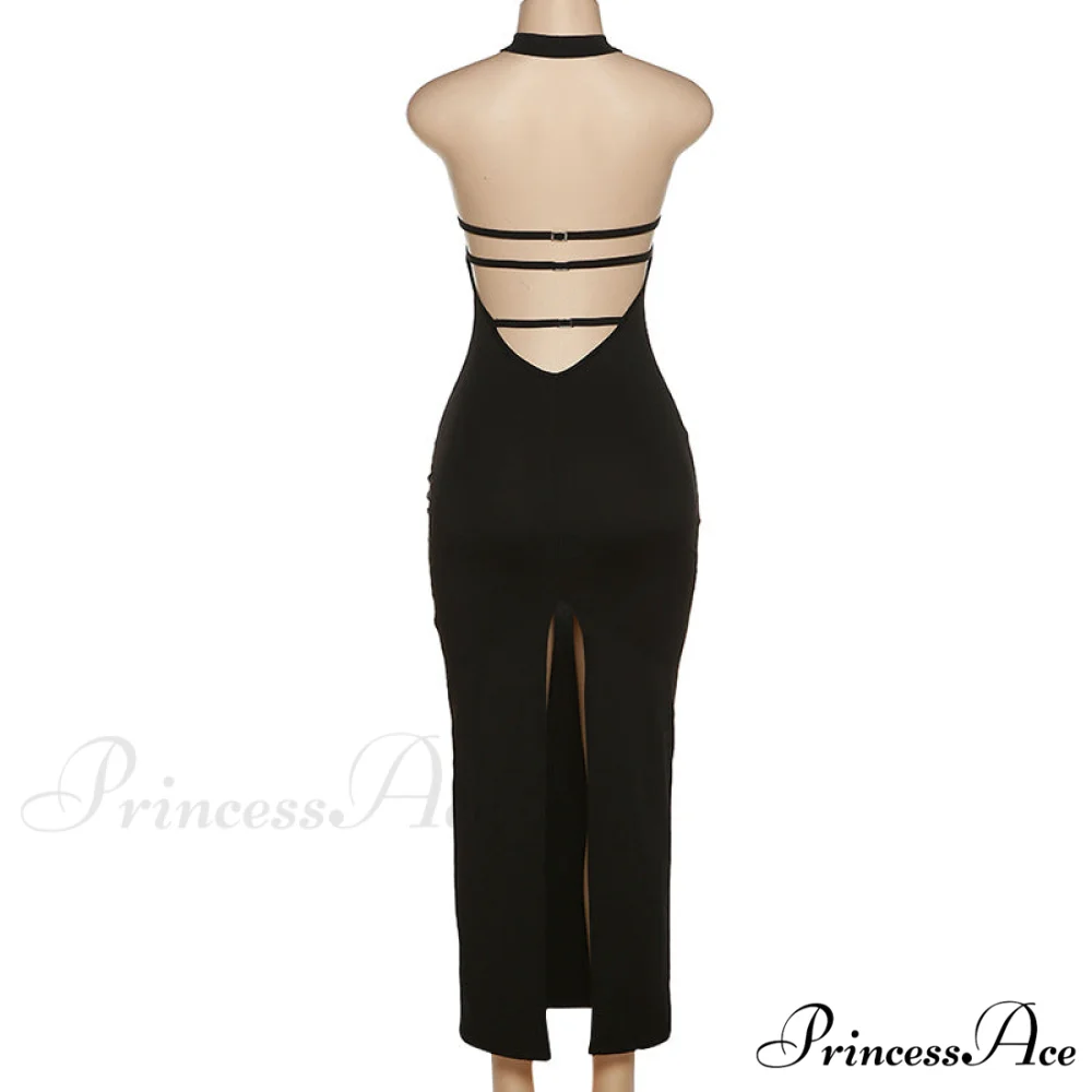 Black Halter Backless Maxi Graceful Dress With Back Straps - Image 7