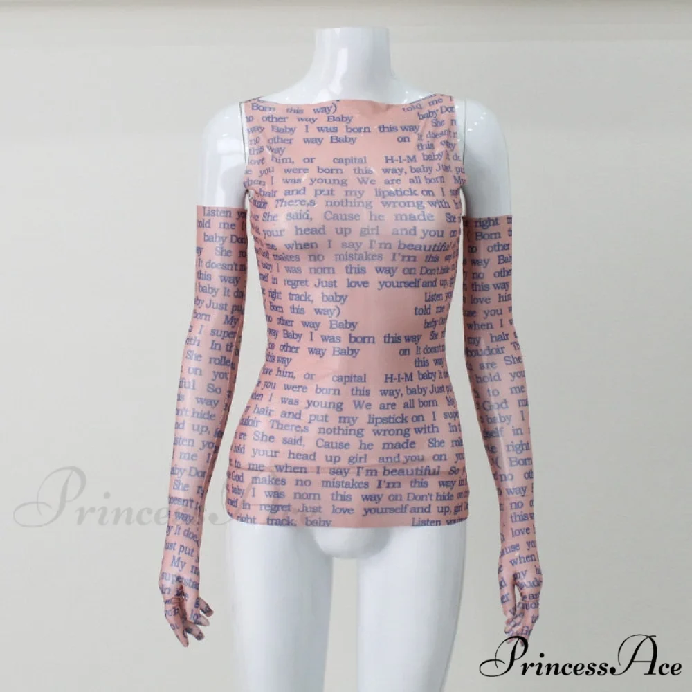 Mesh Letter Print Charming Sleeveless Top With Gloves - Image 10