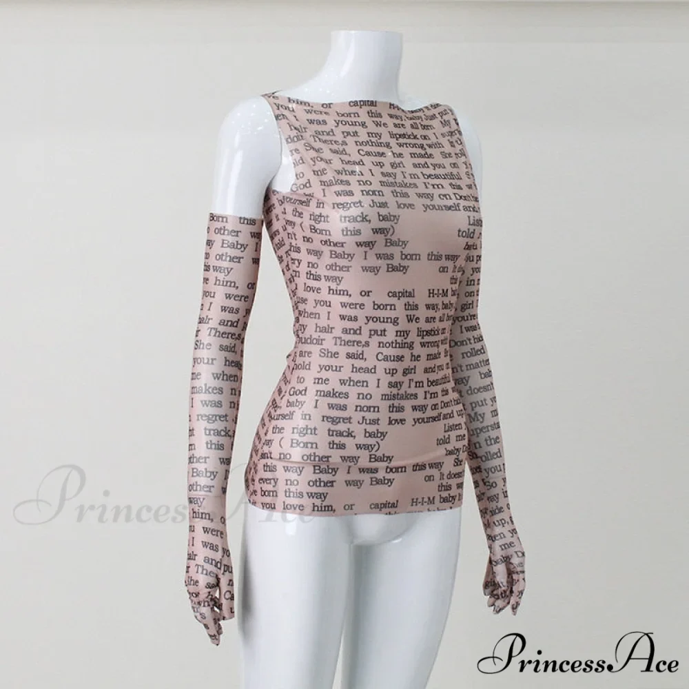 Mesh Letter Print Charming Sleeveless Top With Gloves - Image 11