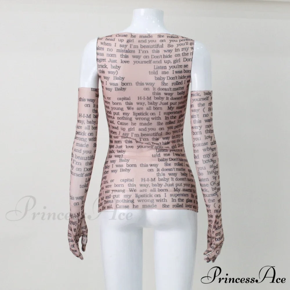 Mesh Letter Print Charming Sleeveless Top With Gloves - Image 12