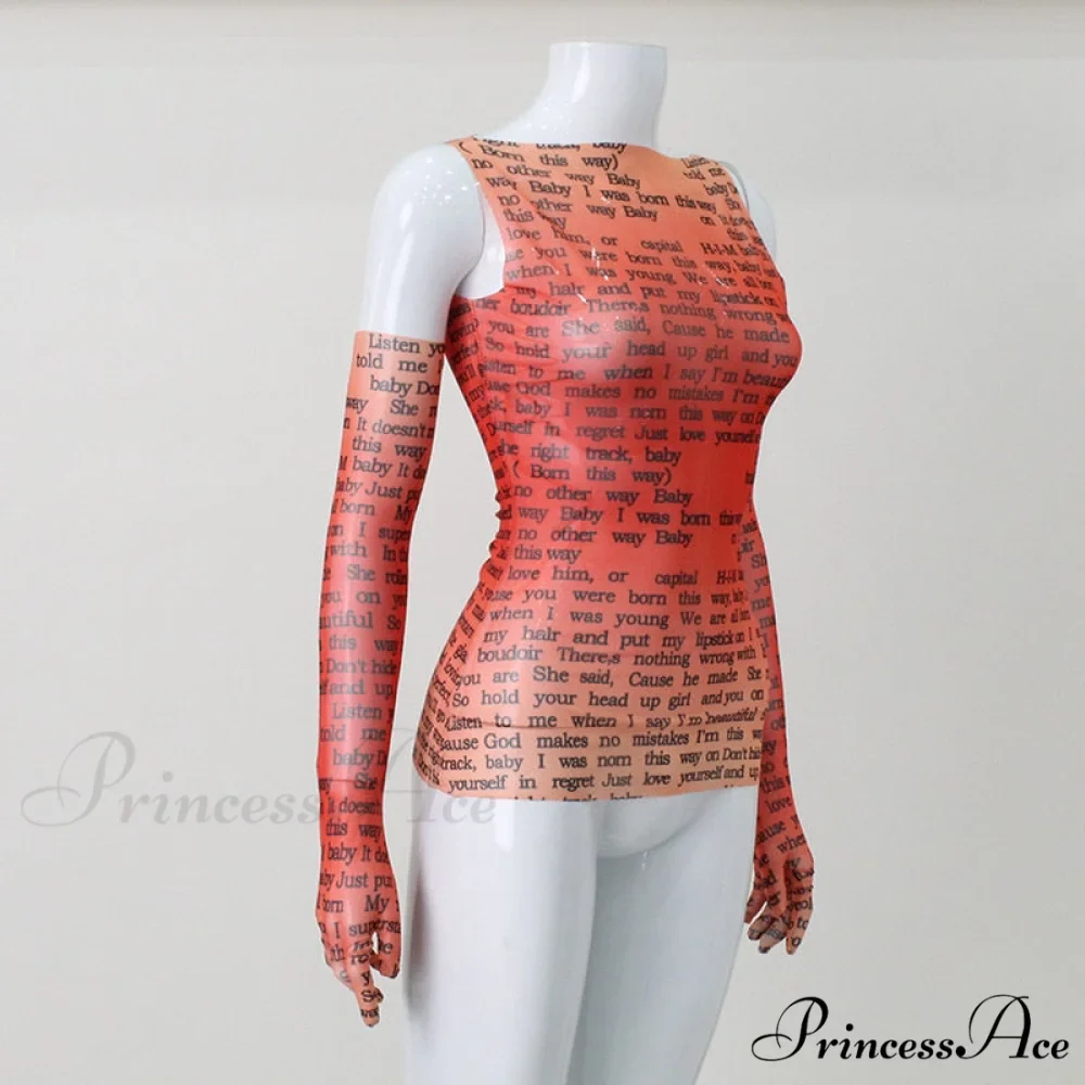 Mesh Letter Print Charming Sleeveless Top With Gloves - Image 14
