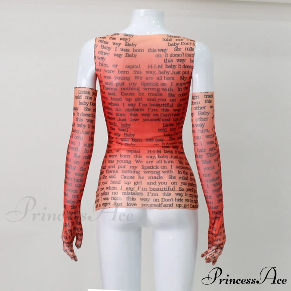 Mesh Letter Print Charming Sleeveless Top With Gloves - Image 15