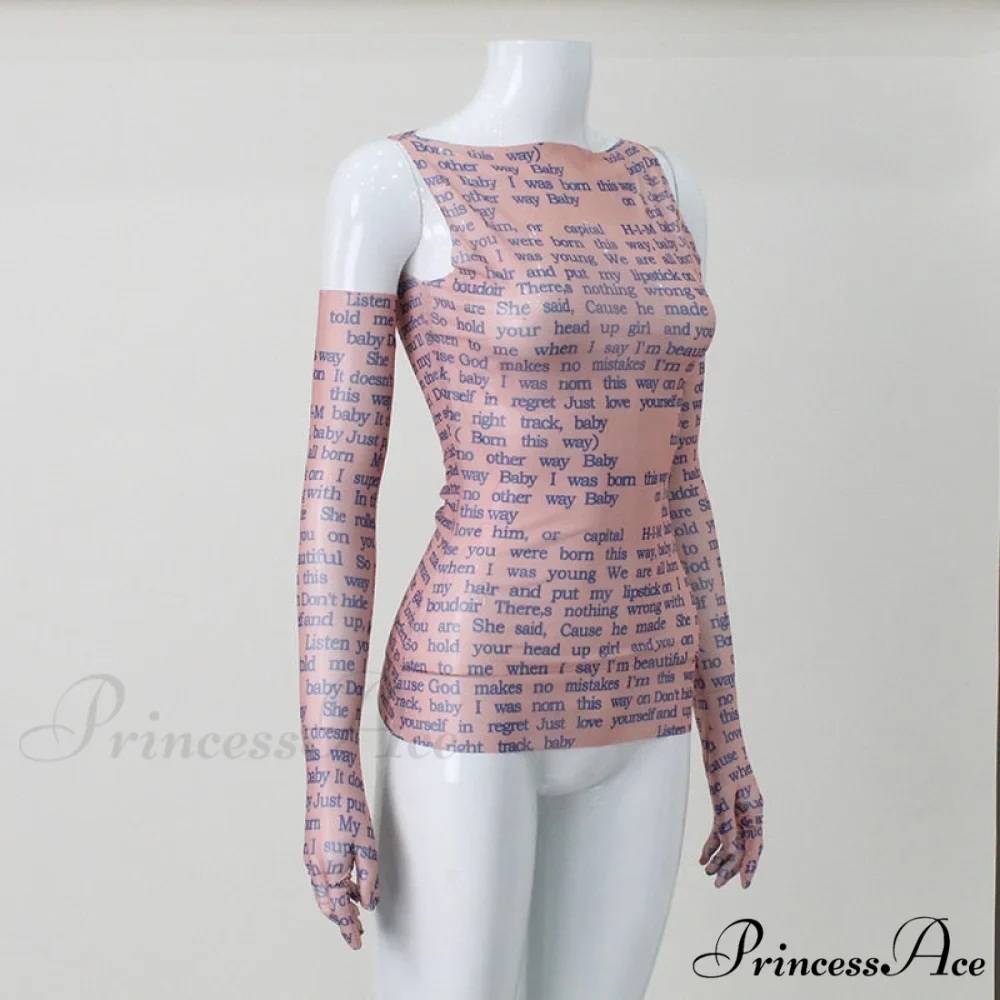 Mesh Letter Print Charming Sleeveless Top With Gloves - Image 16