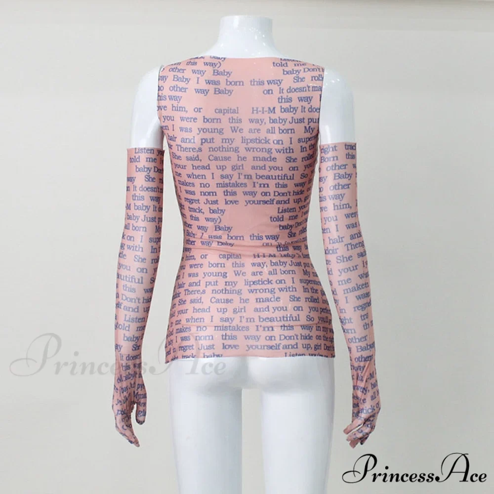Mesh Letter Print Charming Sleeveless Top With Gloves - Image 17
