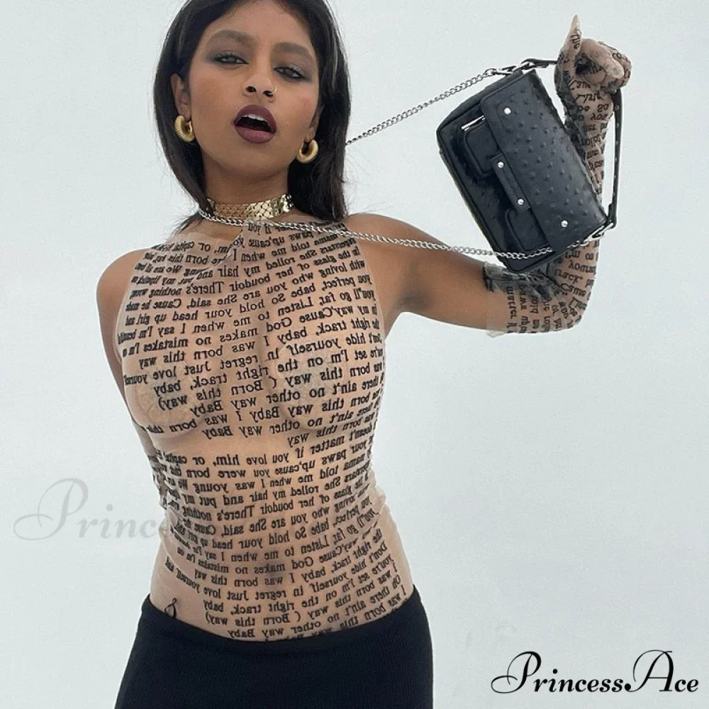 Mesh Letter Print Charming Sleeveless Top With Gloves - Image 4