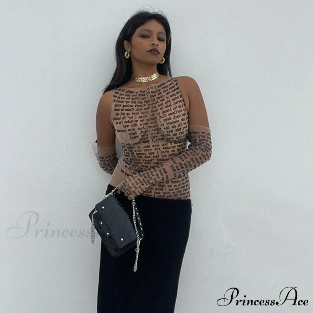 Mesh Letter Print Charming Sleeveless Top With Gloves - Image 5