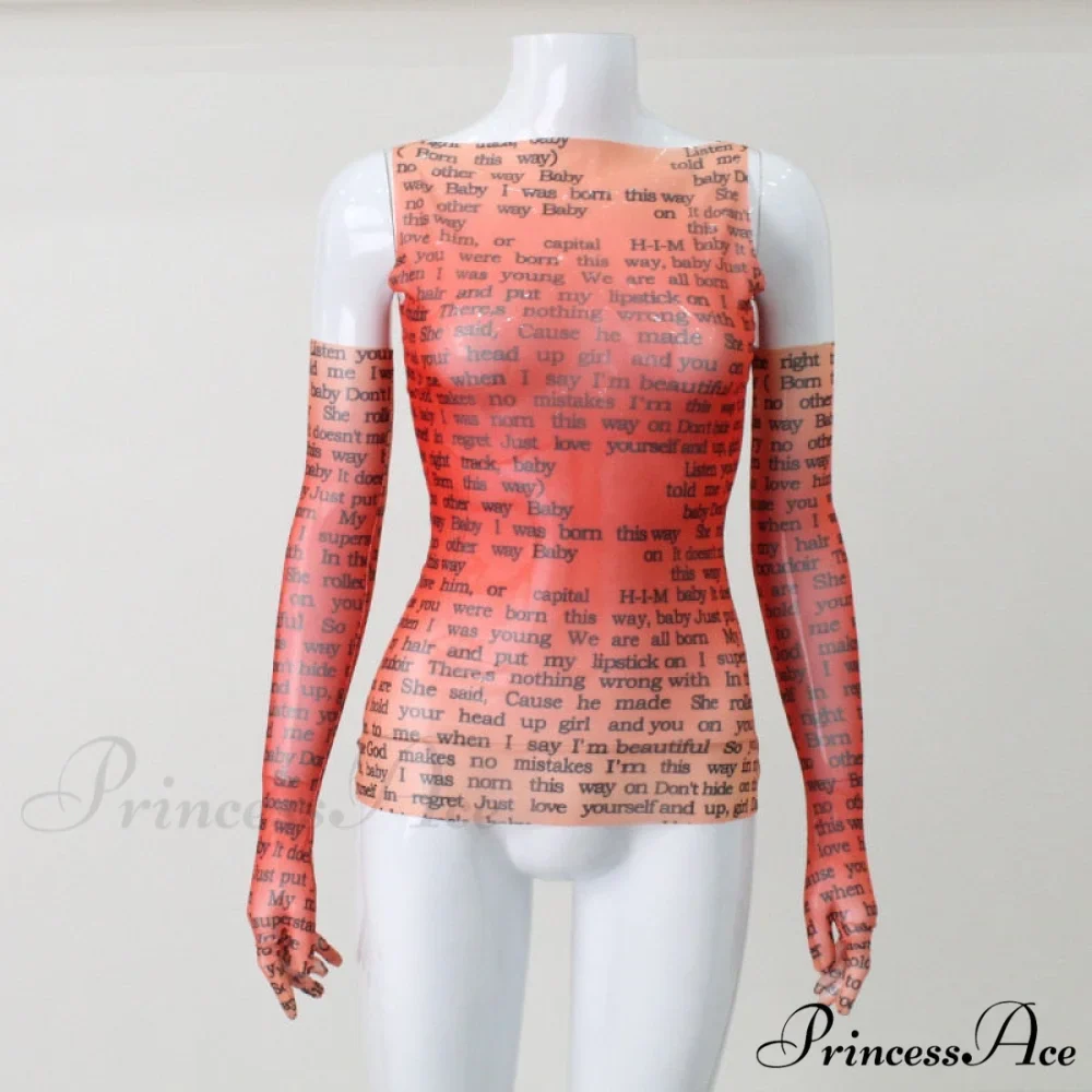 Mesh Letter Print Charming Sleeveless Top With Gloves - Image 6