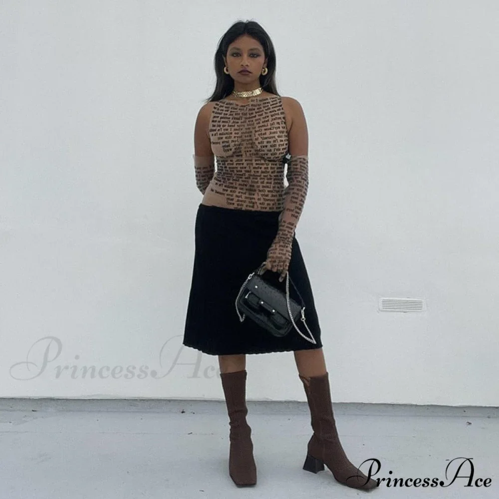 Mesh Letter Print Charming Sleeveless Top With Gloves - Image 7