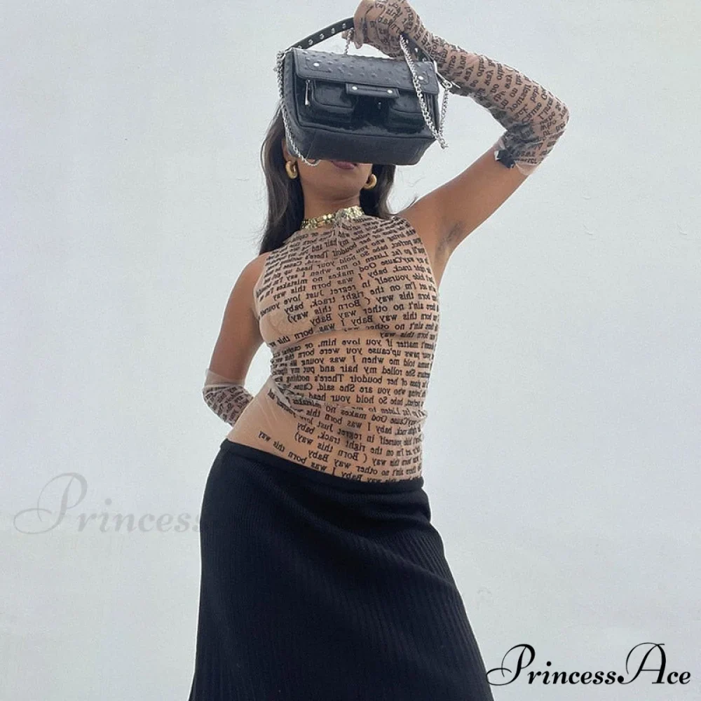 Mesh Letter Print Charming Sleeveless Top With Gloves - Image 8