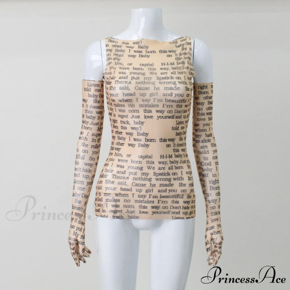 Mesh Letter Print Charming Sleeveless Top With Gloves - Image 9