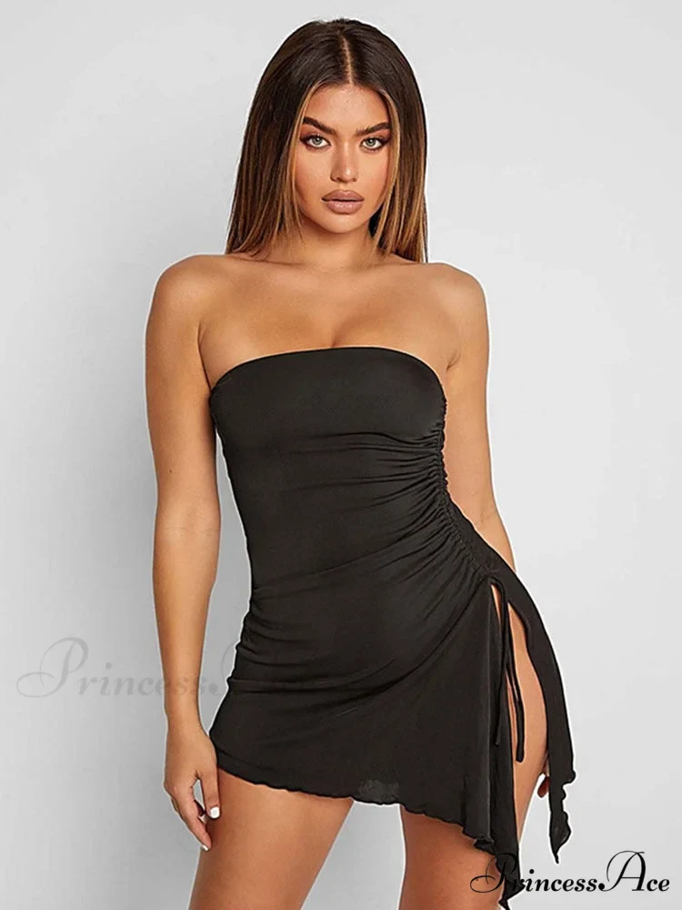 Black Side Split Charming Tube Mini Dress - Image 2