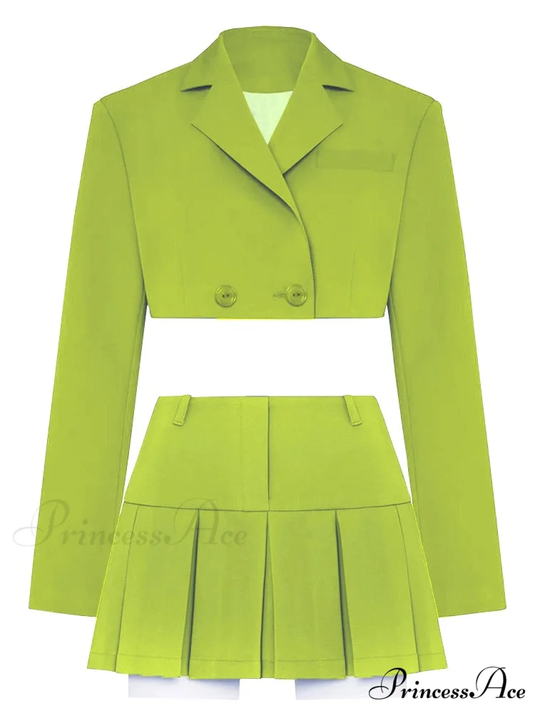 Cropped Blazer And Charming Pleated Mini Skirt Set - Image 13