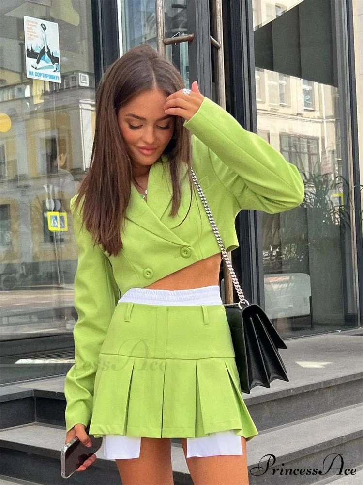Cropped Blazer And Charming Pleated Mini Skirt Set - Image 17