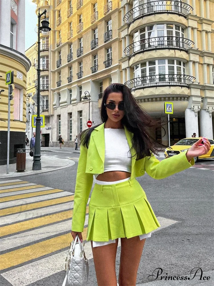 Cropped Blazer And Charming Pleated Mini Skirt Set - Image 18