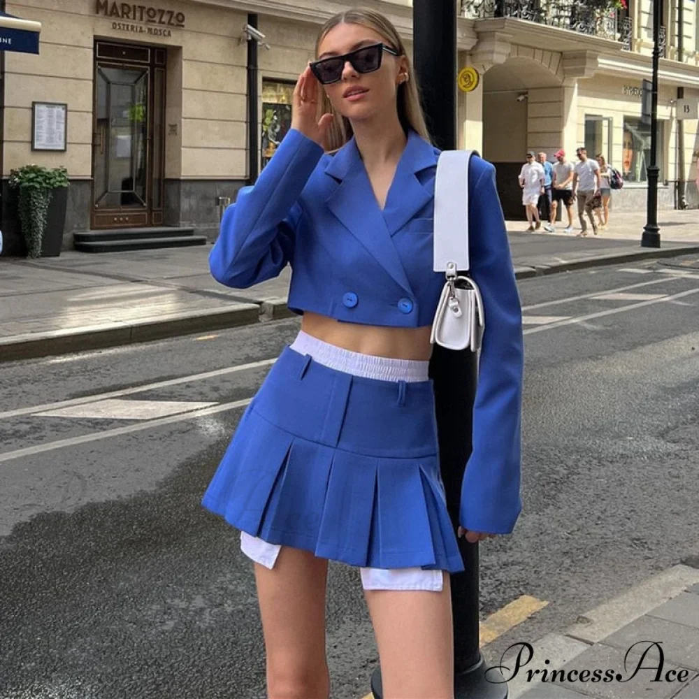 Cropped Blazer And Charming Pleated Mini Skirt Set - Image 20