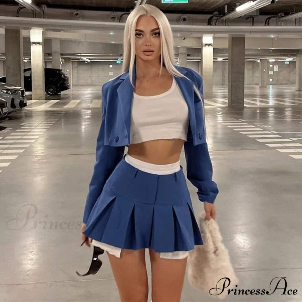 Cropped Blazer And Charming Pleated Mini Skirt Set - Image 21