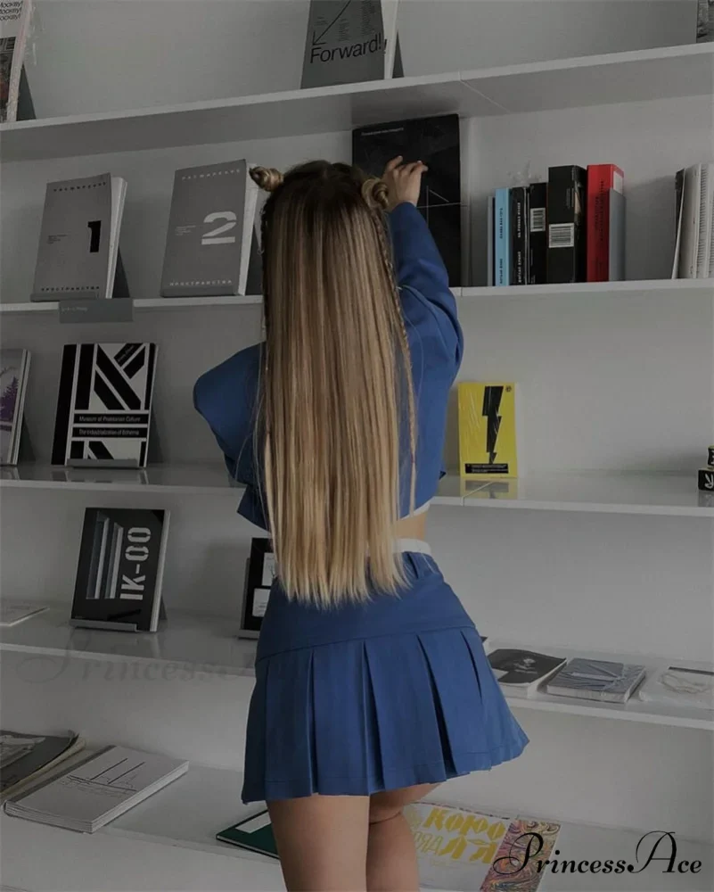 Cropped Blazer And Charming Pleated Mini Skirt Set - Image 23
