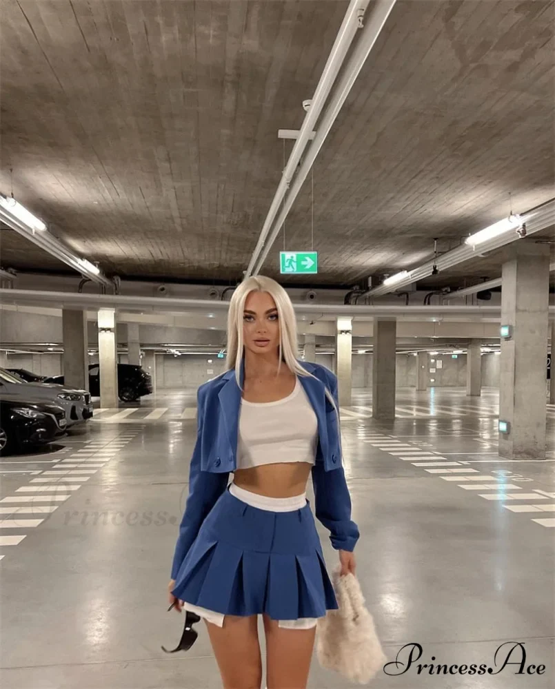 Cropped Blazer And Charming Pleated Mini Skirt Set - Image 25