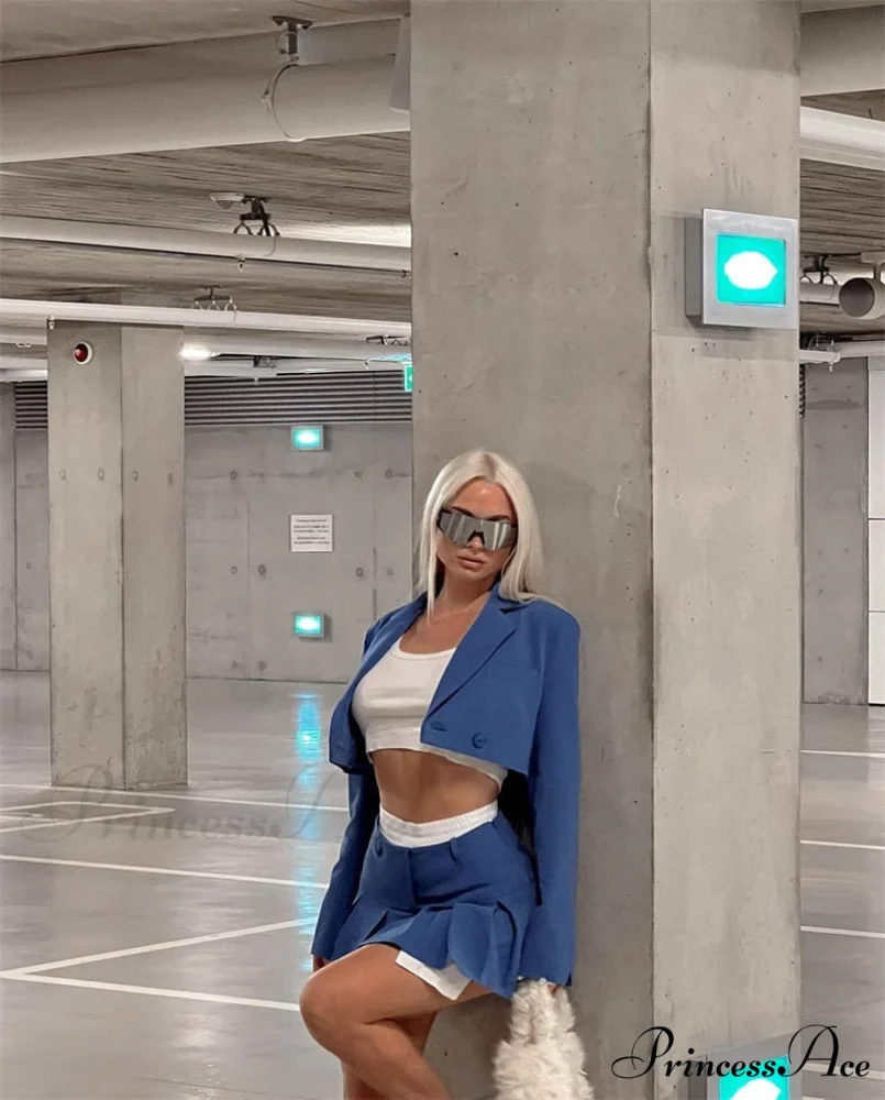 Cropped Blazer And Charming Pleated Mini Skirt Set - Image 26
