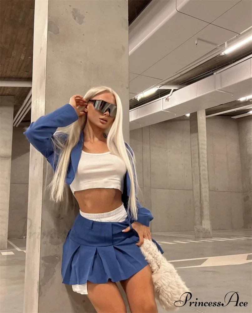 Cropped Blazer And Charming Pleated Mini Skirt Set - Image 27