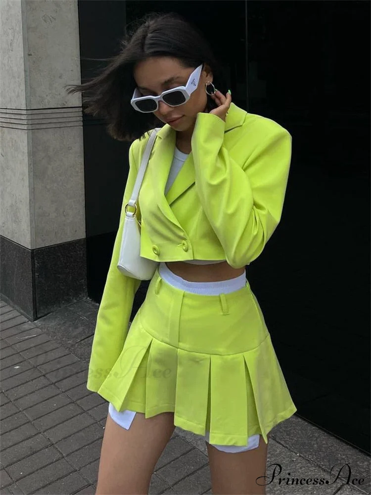 Cropped Blazer And Charming Pleated Mini Skirt Set - Image 3