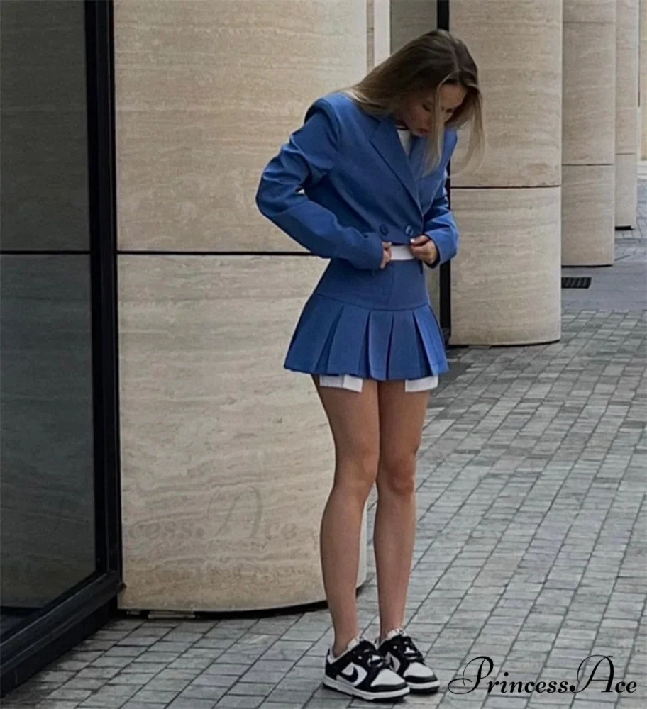 Cropped Blazer And Charming Pleated Mini Skirt Set - Image 33