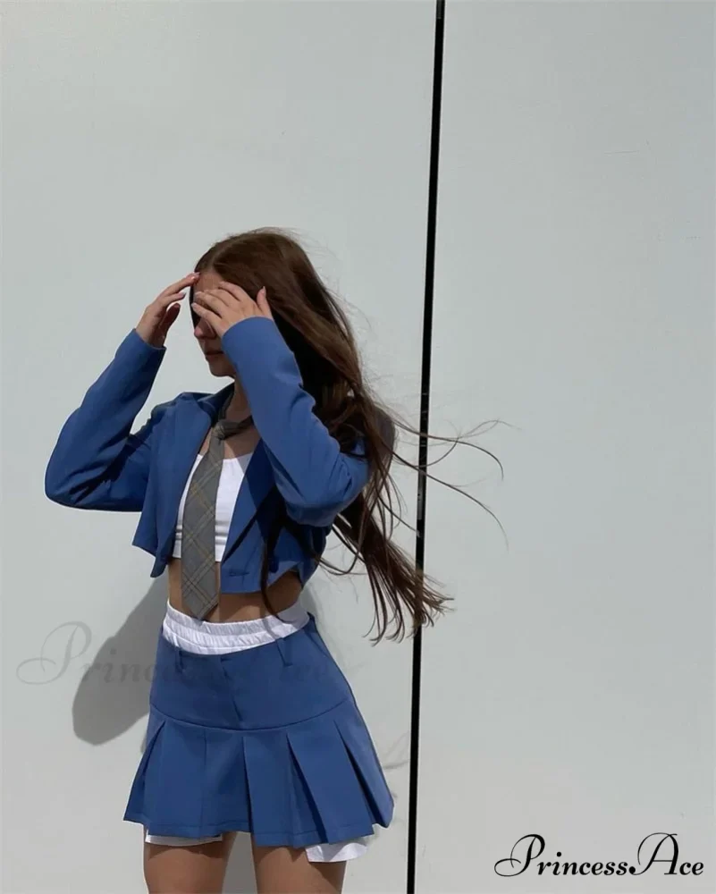 Cropped Blazer And Charming Pleated Mini Skirt Set - Image 36