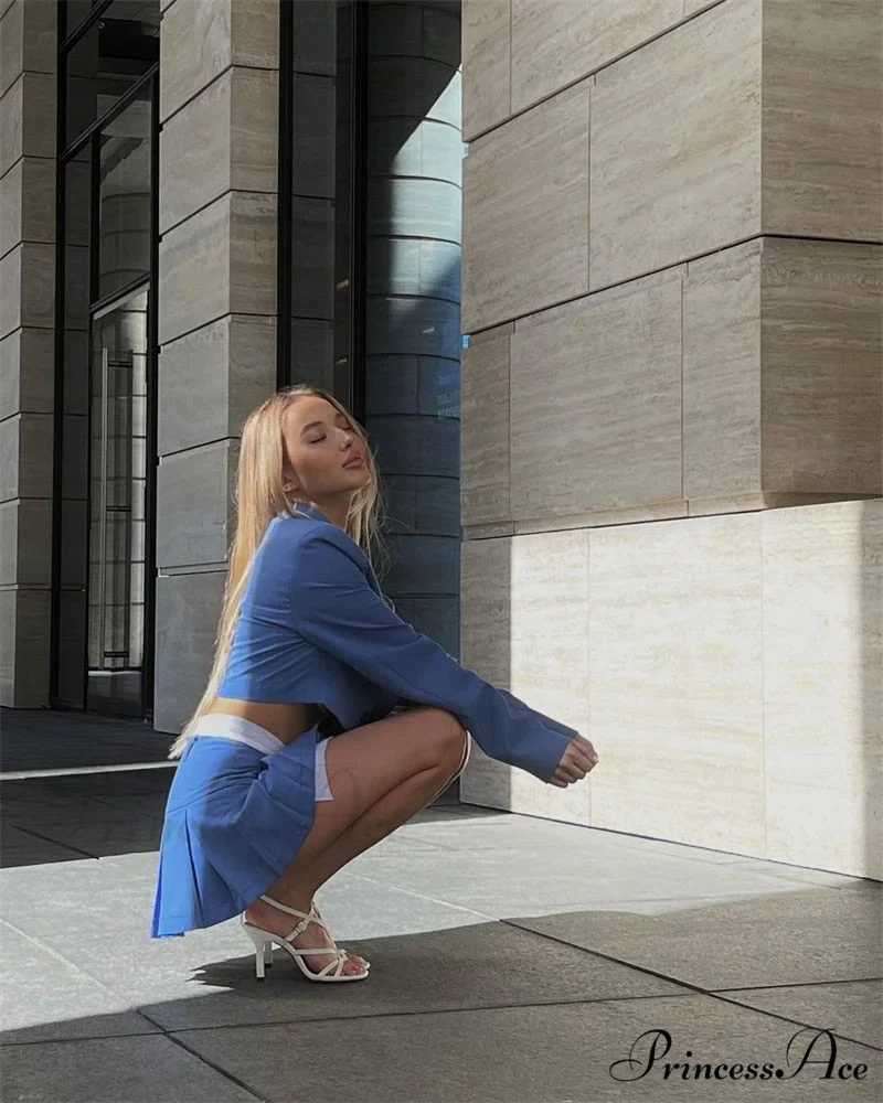 Cropped Blazer And Charming Pleated Mini Skirt Set - Image 37
