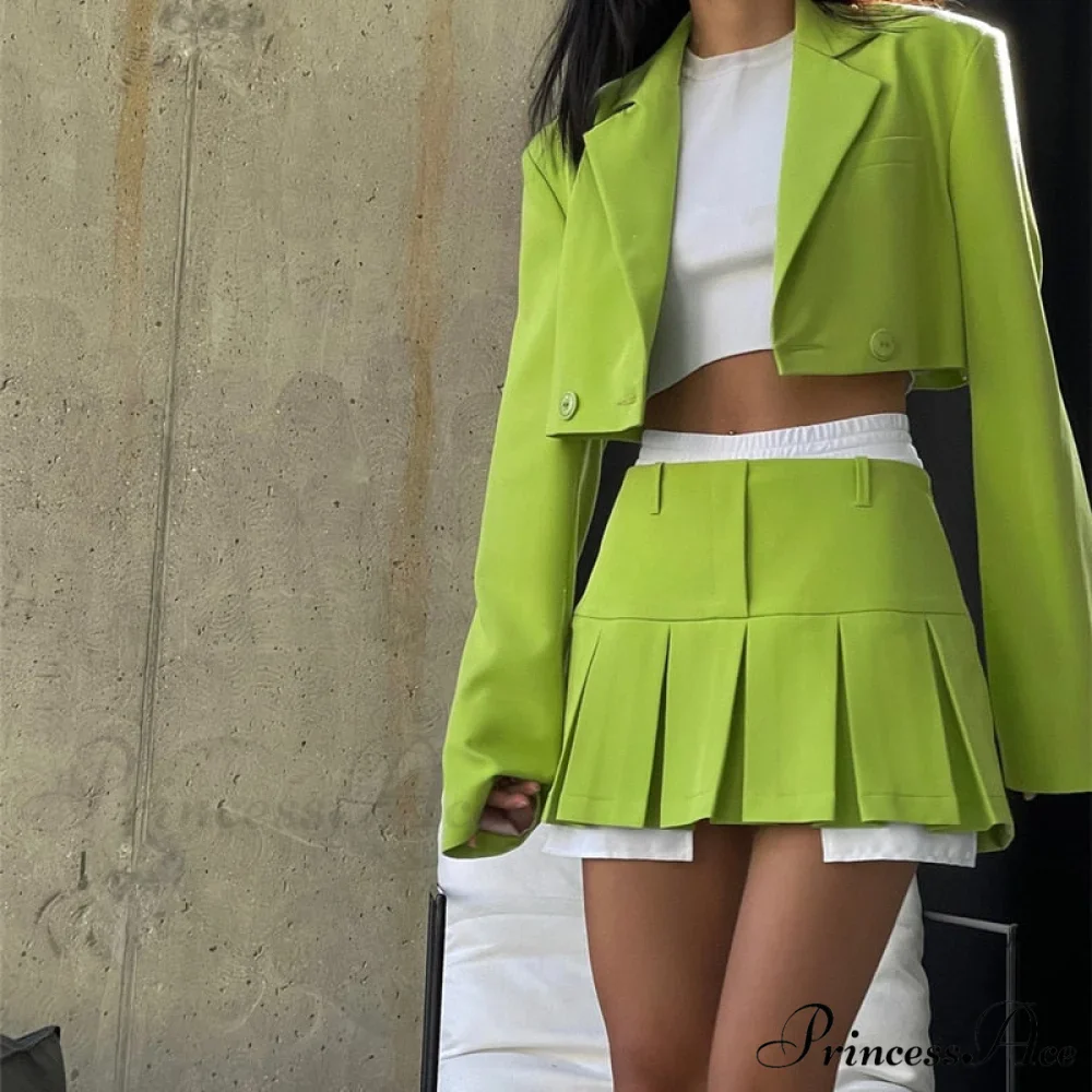 Cropped Blazer And Charming Pleated Mini Skirt Set - Image 39