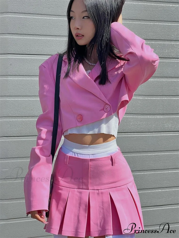 Cropped Blazer And Charming Pleated Mini Skirt Set - Image 4