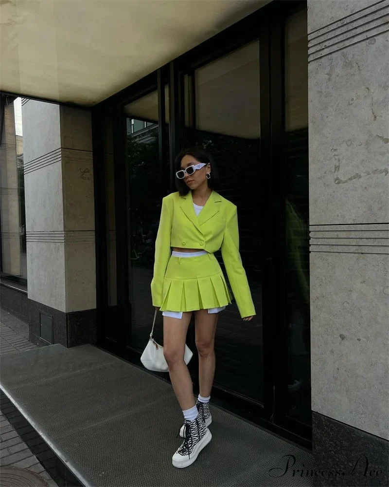 Cropped Blazer And Charming Pleated Mini Skirt Set - Image 41