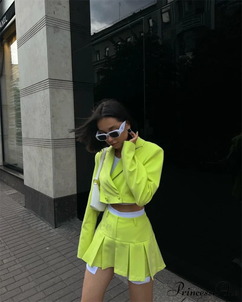 Cropped Blazer And Charming Pleated Mini Skirt Set - Image 42