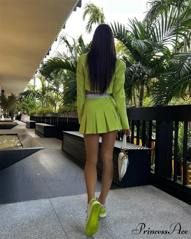 Cropped Blazer And Charming Pleated Mini Skirt Set - Image 46
